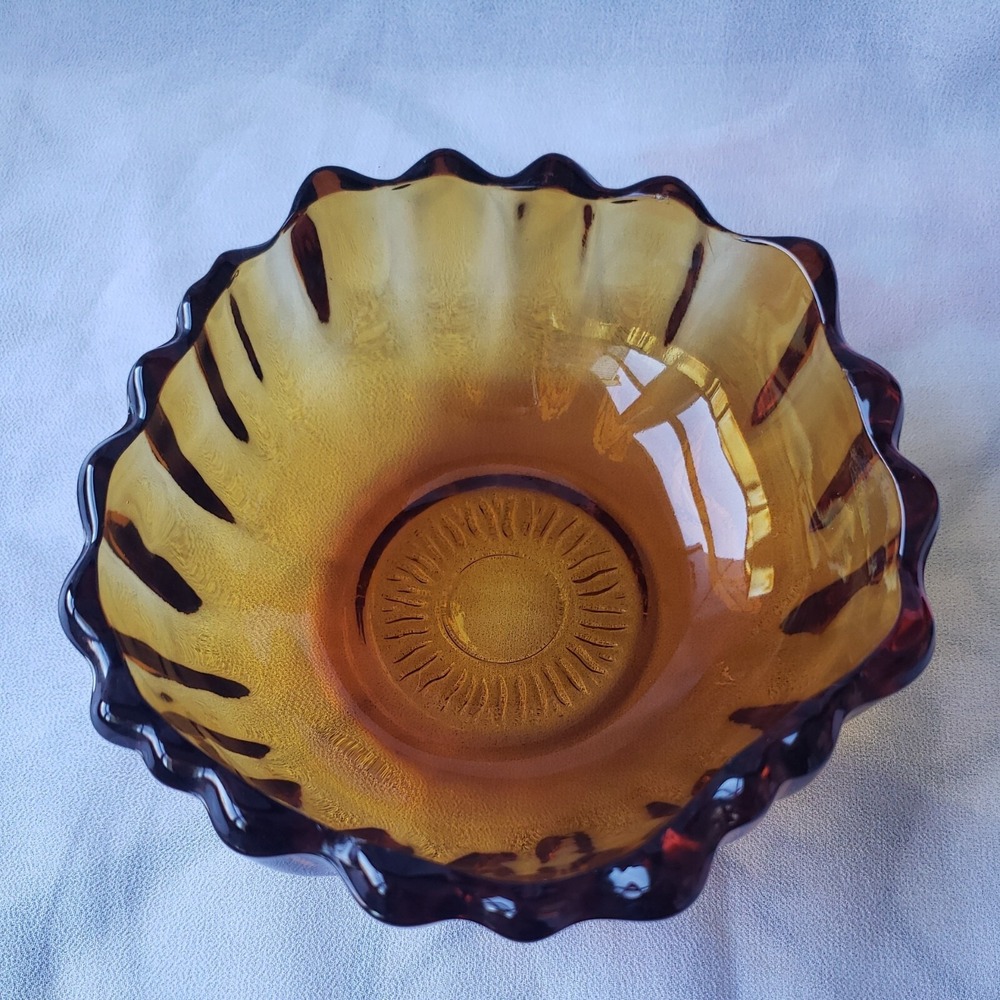 Indiana Glass Amber Salad Bowl‎ Sunflower Pattern, Vintage, Scalloped Rim